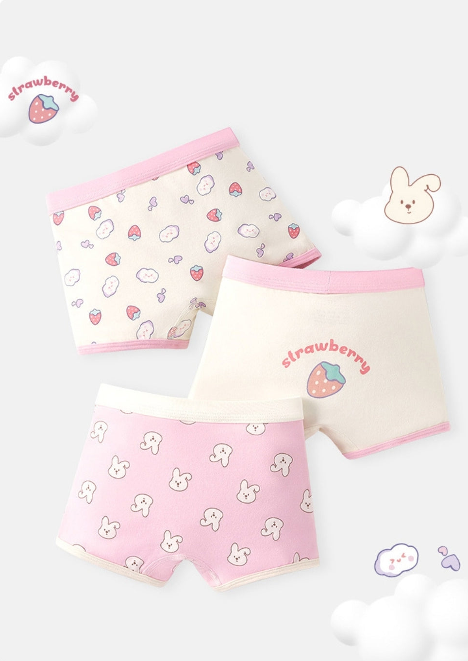 [Girls] Strawberry Rabbit Briefs/Boyshorts (Set of 3)